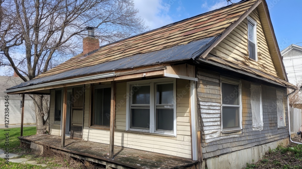 Decaying house with damaged roof visible. Decaying house with damaged roof visible.