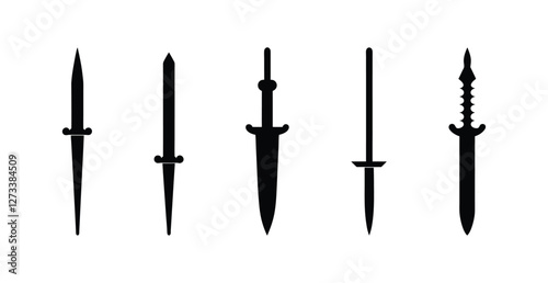 Set of black dagger silhouettes in various designs isolated on white background