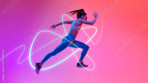 Fototapeta Naklejka Na Ścianę i Meble -  Female sprinter in tight sportswear running full speed, neon blue light trails surrounding energy and motion against vibrant pink background. Concept of sport, competition, tournament, game.