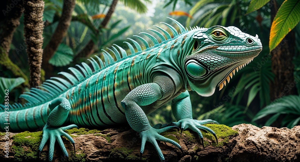 Fototapeta premium Iguana in tropical forest background side view portrait