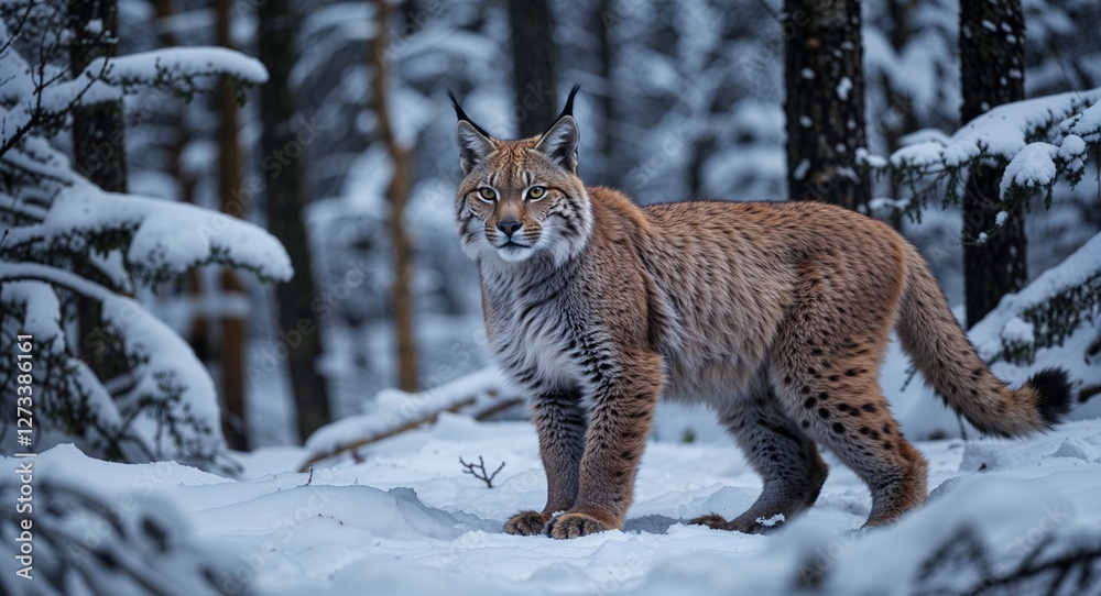 Fototapeta premium Lynx in snowy forest background side view portrait