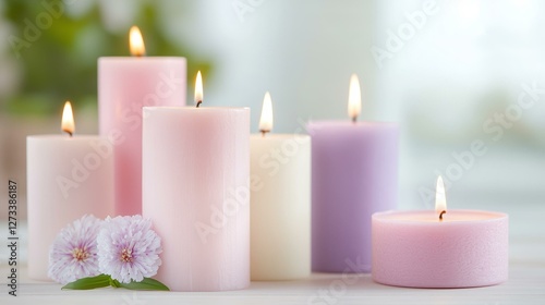 Elegant arrangement of burning pastel candles and blossoms for relaxation and calm ambiance