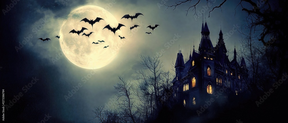 Fototapeta premium dark, gothic castle under a glowing full moon, surrounded by flying bats, evoking mystery, horror, and supernatural legends