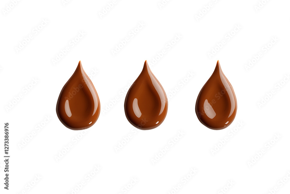 Three glossy brown liquid drops on transparent background, arranged in a row Three glossy brown liquid drops on transparent background, arranged in a row