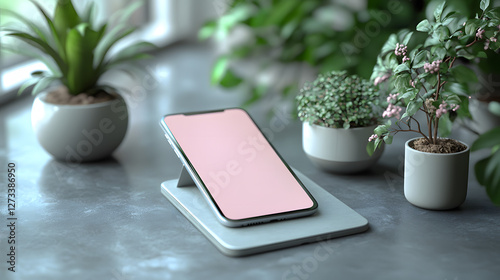 Modern digital device mock-up showcasing a smartphone with customizable screens, perfect for app or website presentations. Clean and sleek design.