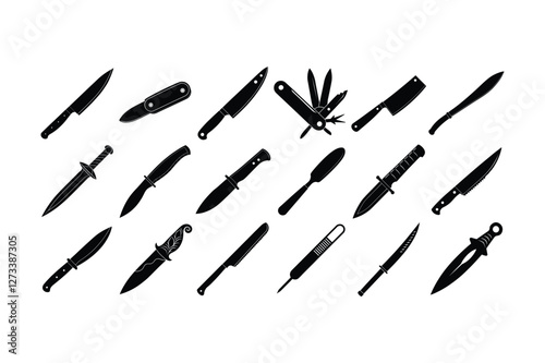 Set of black knife silhouettes including combat knives, kitchen knives, folding knives, and machete on white background
