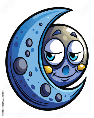 Create a whimsical cartoon illustration of a sleepy moon with multiple craters, exhibiting a peaceful, dreamy expression.