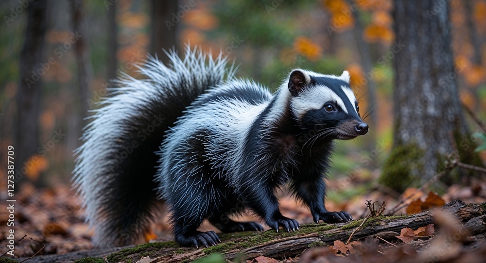 Skunk in woodland background side view portrait Skunk in woodland background side view portrait