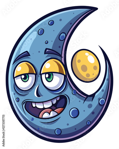 Create a whimsical cartoon illustration of a sleepy moon with multiple craters, showcasing a cute, drowsy facial expression.