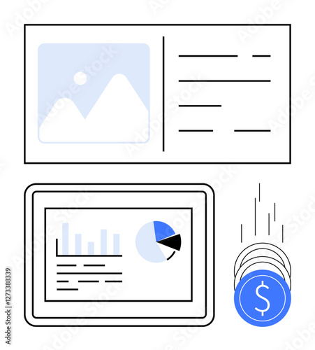 Digital presentation featuring graphs, pie chart, documents, and stack of falling currency coins. Ideal for financial reports, business growth, data visualization, online banking, economic trends