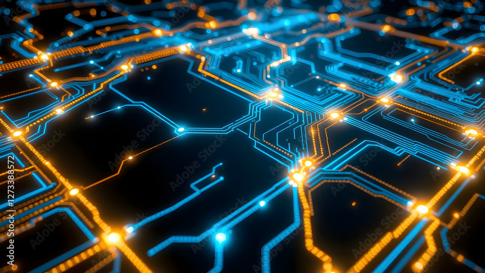 Circuit Board Pattern with Glowing Blue and Gold Lines for High-Tech Design Circuit Board Pattern with Glowing Blue and Gold Lines for High-Tech Design