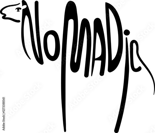 Illustration of a camel. Camel is painted black in the form of the word "nomadic". Vector illustration isolated on a white background