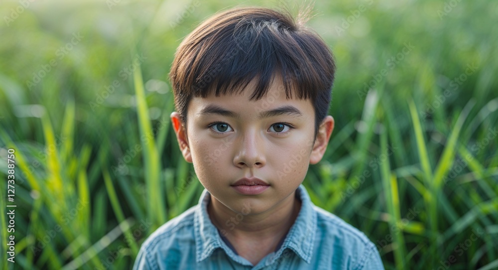 Young Asian boy in a green field of grass background close up portrait facing forward Young Asian boy in a green field of grass background close up portrait facing forward