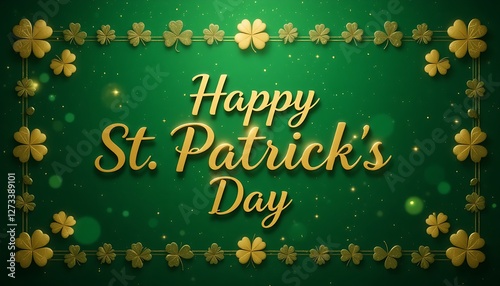 Elegant Happy St. Patrick’s Day greeting card design with golden text, lucky shamrocks, and a festive green background, perfect for Irish-themed celebrations, invitations, and digital art