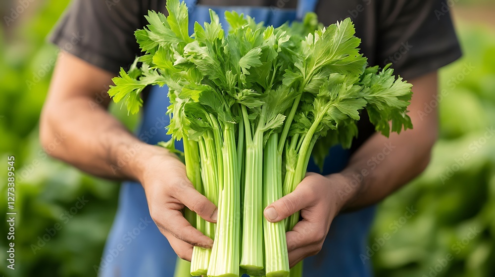 Fototapeta premium Holding Fresh Green Celery Bunch Farmer Displaying Harvest Close Up