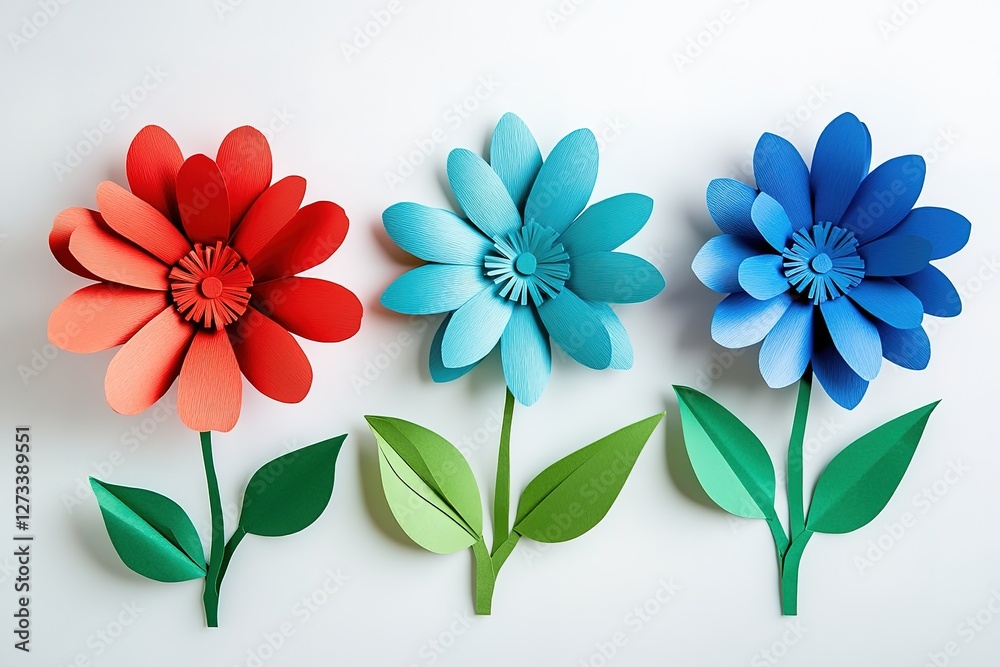 Naklejka premium Vibrant Paper Flowers in Red, Blue, and Teal