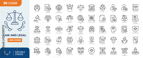 Law and Legal line editable icons set. Containing law firm, legal document, courtroom, scales of justice, gavel, legal research, attorney, judge and more. Vector illustration