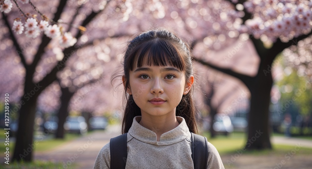 Young Asian girl in a park with cherry blossoms background close up portrait facing forward Young Asian girl in a park with cherry blossoms background close up portrait facing forward