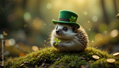 Cute hedgehog with tiny green hat sitting on mossy ground in a magical forest, symbolizing St. Patrick’s Day charm, Irish folklore, good luck, and woodland enchantment