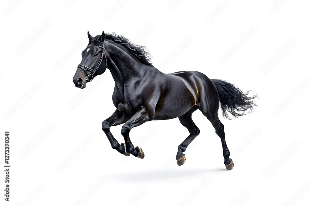 Fototapeta premium A black horse galloping isolated on white background