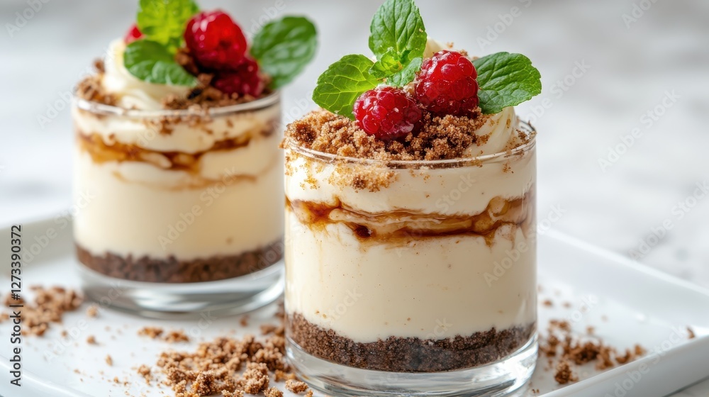 This image showcases a delightful dessert featuring layers of creamy filling, crushed cookies, and fresh raspberries, garnished with mint leaves, perfect for indulging. This image showcases a delightful dessert featuring layers of creamy filling, crushed cookies, and fresh raspberries, garnished with mint leaves, perfect for indulging.