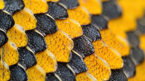 Close up shows alternating yellow and black snake scales photo