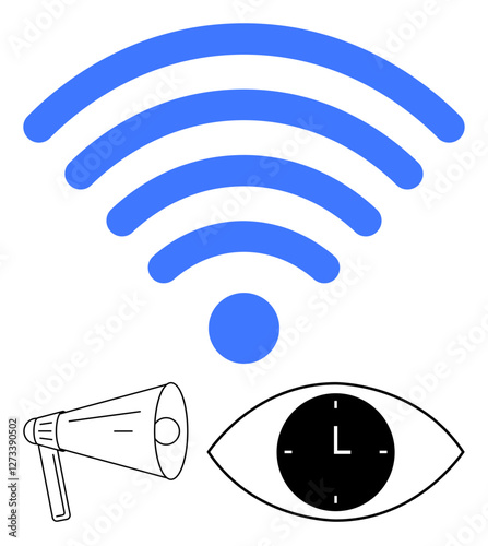 wireless symbol, megaphone, and eye with a clock representing connectivity, communication, and time awareness. Ideal for technology, marketing, media, surveillance internet access time management