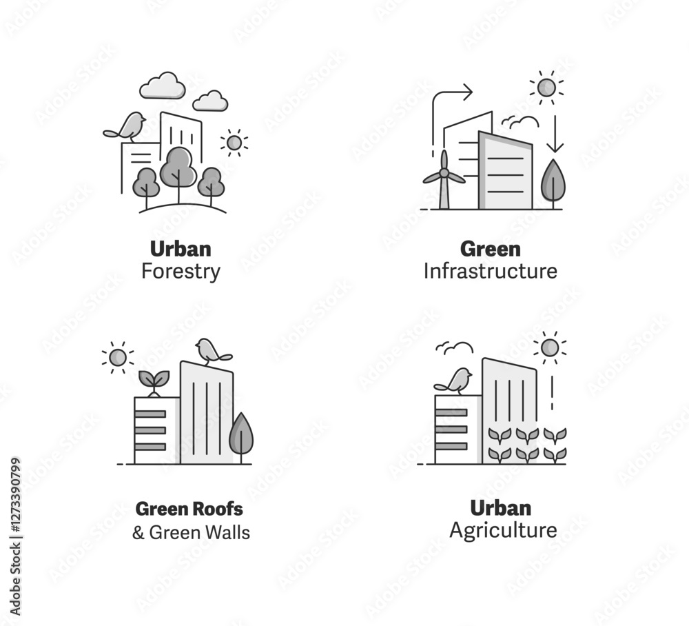 Fototapeta premium Sustainable Urban Development Icon Set – Green Infrastructure, Urban Forestry, and Eco-Friendly Cities. Editable Stroke and Colors.