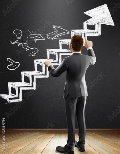 Steps to Succeed in Business: Businessman Illustrating the Path on a Chalkboard