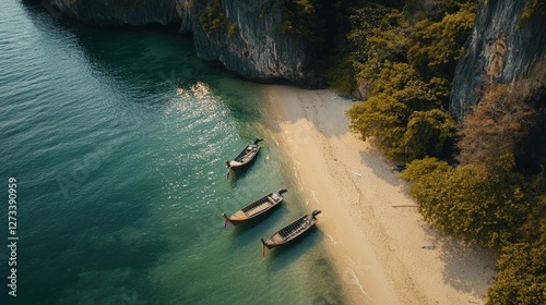 Traditional Thai boats anchored along Krabi's sandy beach, surrounded by towering limestone cliffs and vibrant green jungle, with clear turquoise waters gently lapping the shore photo
