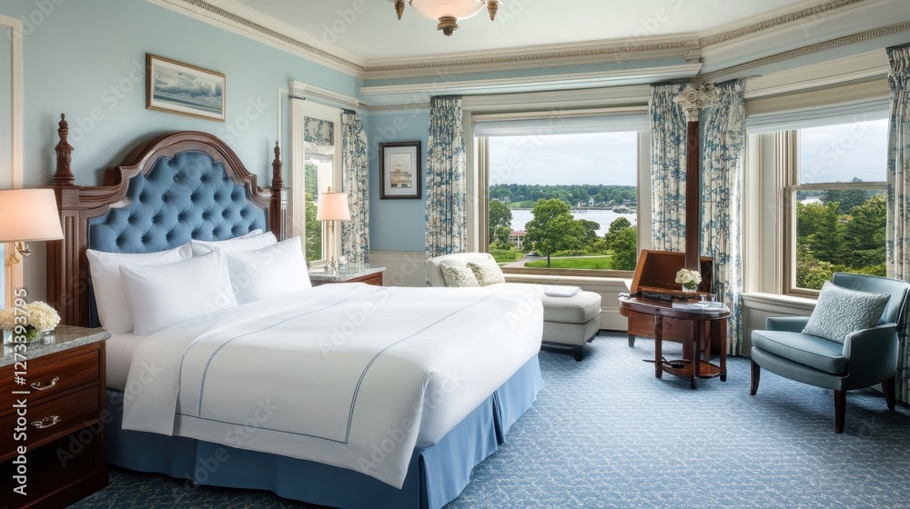 Fototapeta premium Elegant luxury hotel suite with plush bedding and stylish modern decor.