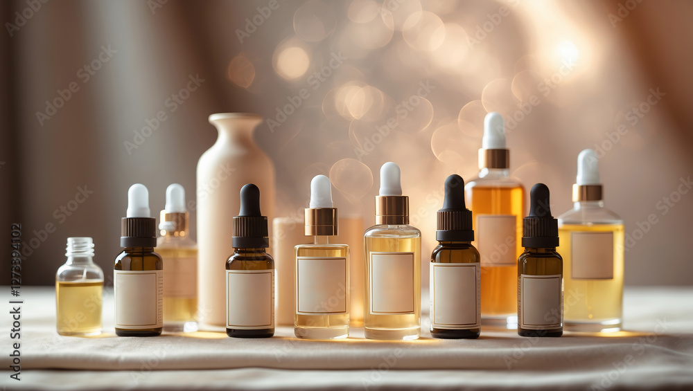 Various glass bottles of essential oils and serums placed on a soft fabric with glowing background lights in a calm indoor setting Various glass bottles of essential oils and serums placed on a soft fabric with glowing background lights in a calm indoor setting