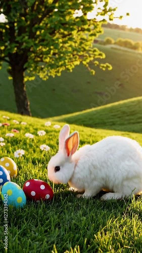 Curious rabbit explores colorful easter eggs in lush spring meadow at sunset
