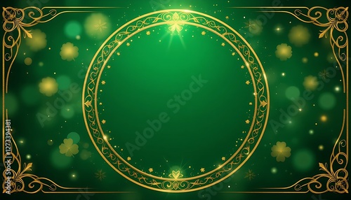 Elegant green decorative frame with golden ornate borders for St. Patrick’s Day greeting card, festive invitations, Irish-themed celebrations, digital design, and lucky charm backgrounds