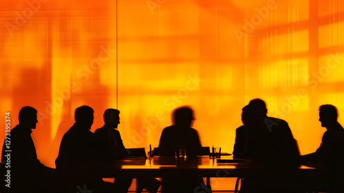A dramatic photograph of an elegant boardroom meeting, with shadowy figures around the table
