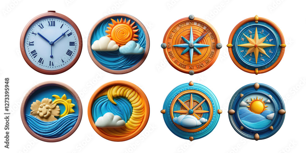 Decorative Clocks with Nautical and Nature Themes, PNG collection, set bundle, isolate on transparent or white background Decorative Clocks with Nautical and Nature Themes, PNG collection, set bundle, isolate on transparent or white background