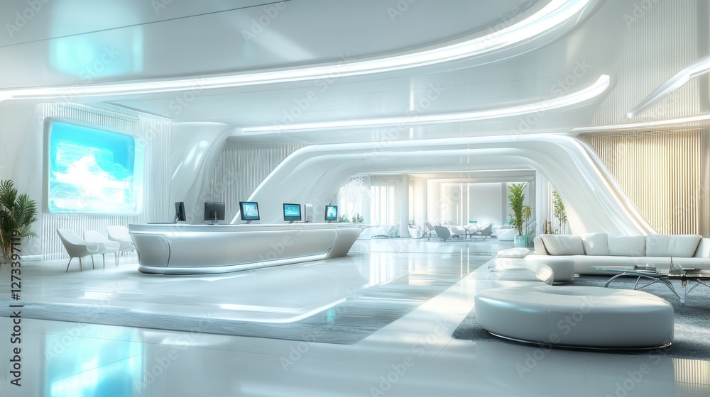 Futuristic hotel lobby with sleek furniture, digital check-in counters, and high-tech decor. Futuristic hotel lobby with sleek furniture, digital check-in counters, and high-tech decor.
