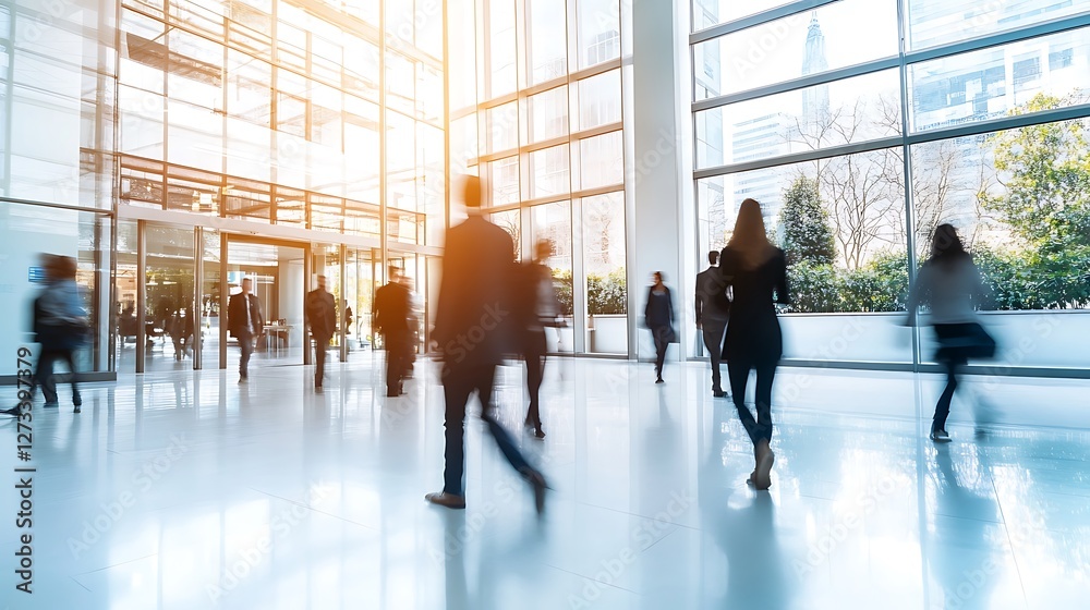 Walking Business People in Modern Office Building with Sunlight Walking Business People in Modern Office Building with Sunlight