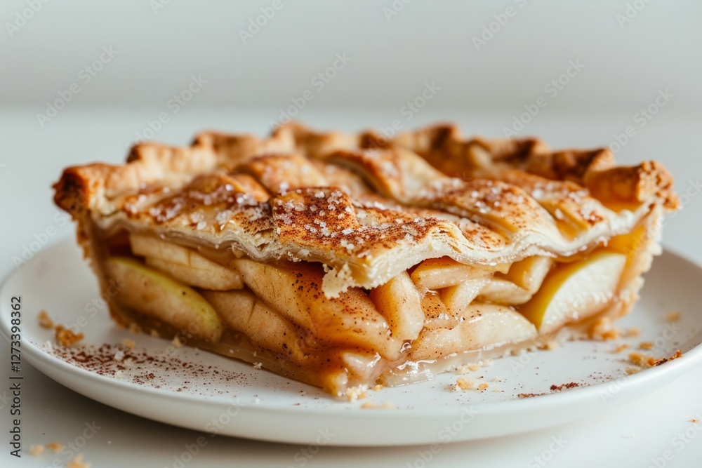 Slice of fresh apple pie on ceramic plate with cinnamon. AI image Slice of fresh apple pie on ceramic plate with cinnamon. AI image