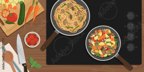 Kitchen counter with utensil and food