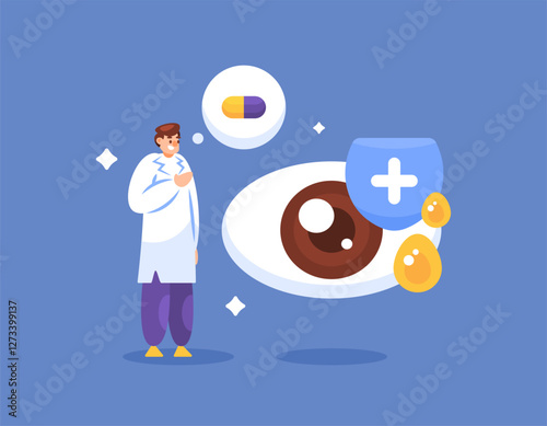 concept of maintaining eye health and vision. eye health vitamins and supplements. illustration of an eye specialist or Ophthalmologist checking eye health and condition. flat style design. elements