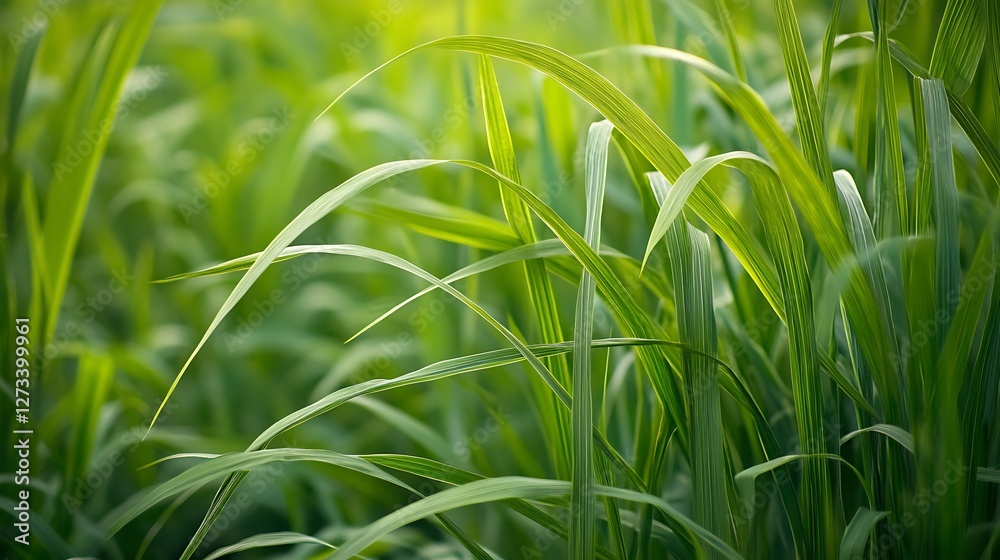 Green Grass Blades Gently Swaying in Sunlight in a Summer Field Green Grass Blades Gently Swaying in Sunlight in a Summer Field