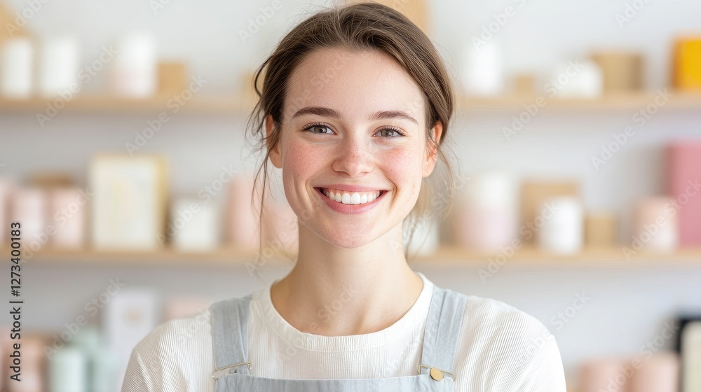 Young Woman Smiling in Front of Colorful Shelves with Products Young Woman Smiling in Front of Colorful Shelves with Products