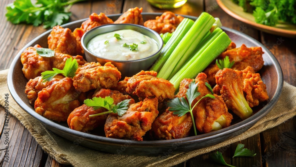 Fototapeta premium Crispy chicken wings, vibrant celery sticks, and fiery sauce in a panoramic feast.