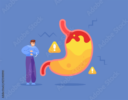 concept of gastric health problems. stomach acid rising. ulcer disease and GERD or gastroesophageal reflux disease. illustration of a man who feels stomach ache due to gastric pain. flat style design