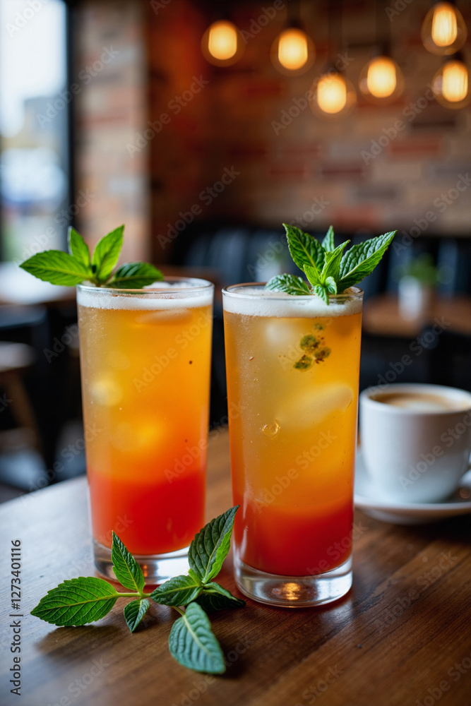 Refreshing tropical drinks on wooden table in cozy cafe, summer vibes Refreshing tropical drinks on wooden table in cozy cafe, summer vibes