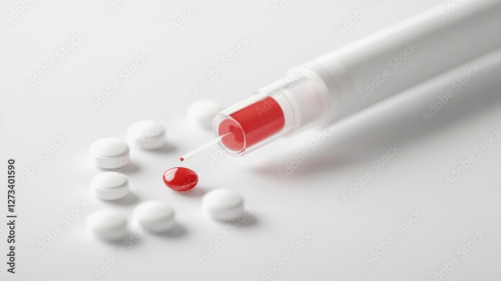 A glucose testing device in use, showing a blood droplet and clear readings on the screen. Featuring health monitoring and precision A glucose testing device in use, showing a blood droplet and clear readings on the screen. Featuring health monitoring and precision