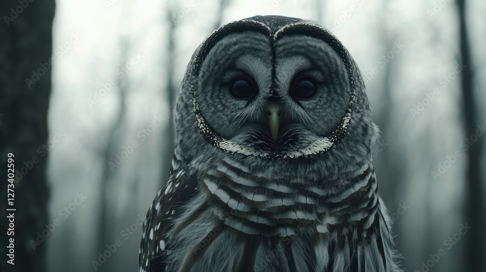 Barred owl stares intently into the camera in forest Barred owl stares intently into the camera in forest