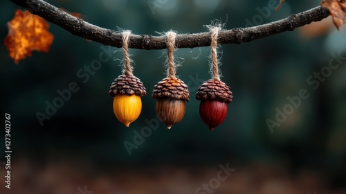 A serene depiction of acorns hanging from a branch, showcasing the beauty of nature and the intricate details of growth, life, and seasonal transitions.