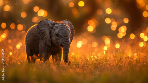 Gentle giant: A baby elephant enjoys the warm glow of the setting sun in a field of golden grass, creating a serene and magical scene. photo